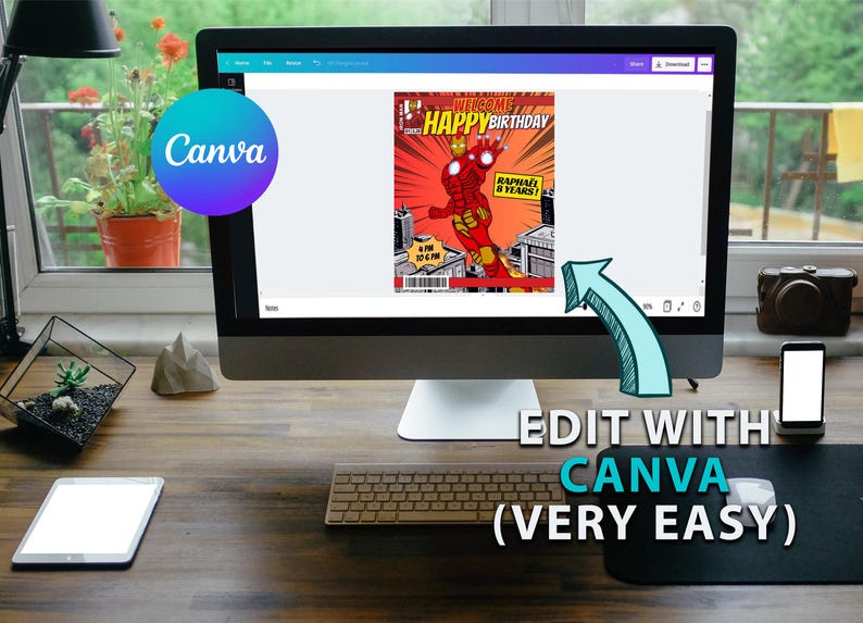 May include: A computer screen displaying a comic book style birthday invitation featuring a red and gold superhero character. The invitation is titled "Welcome Happy Birthday" and includes the text "Raphael 8 Years!" The screen is open in the Canva design program. The text "Edit with Canva (Very Easy)" is written in a blue speech bubble.