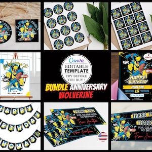 Paquete de cumpleaños de Wolverine, invitación de fiesta de cumpleaños infantil editable en lienzo, descarga digital, fiesta de cumpleaños