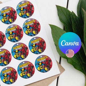 May include: A sheet of 12 round, colorful, personalized party favor stickers featuring a cartoon superhero character. The stickers are printed with the text "Thomas's Birthday".
