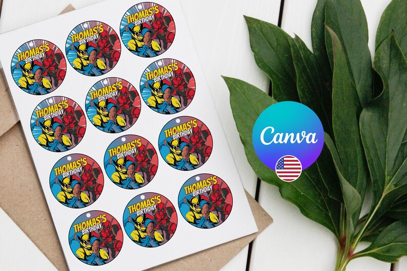 May include: A sheet of 12 round, colorful, personalized party favor stickers featuring a cartoon superhero character. The stickers are printed with the text "Thomas's Birthday".