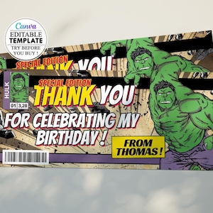 Minimalist Hulk Thank You Card Template - Editable and Printable - Instant Digital Download - Multilingual Options, card birthday kids canva
