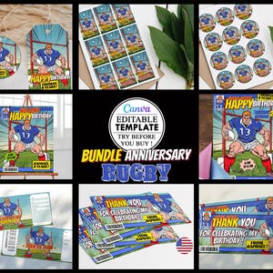 Pack Anniversaire Rugby Sport, invitation carte fête d'anniversaire d'enfants modifiable canva, téléchargement numérique, fête anniversaire