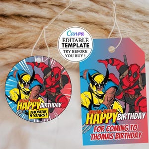 Modèle Deadpool et Wolverine rond d'étiquette de faveur modifiable, étiquette ronde Wolverine Deadpool, étiquette téléchargement numérique