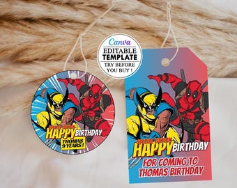 Editable Deadpool and Wolverine Round Favor Tag Template, Wolverine Deadpool Round Tag, Digital Download Tag, happy birthday kids party