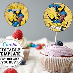 Wolverine Cupcake décoration modèle modifiable canva, Cupcake imprimable modifiable canva Wolverine, étiquette anniversaire enfant Wolverine