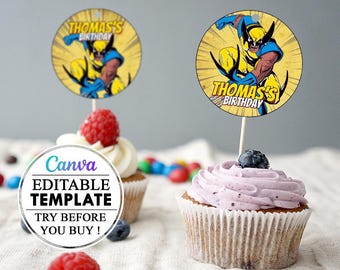 Wolverine Cupcake Topper template editable canva, Wolverine Cupcake printable editable, Wolverine birthday, birthday kids party Wolverine