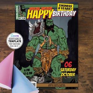 Carton anniversaire Orc Heroic-fantasy comics, invitation carte anniversaire d'enfant modifiable canva, téléchargement numérique, fête canva