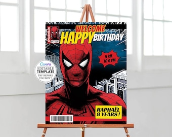 Spiderman Birthday Welcome Sign, Editable Welcome Sign Template, Printable Welcome Poster, Editable Poster canva, children's birthday party