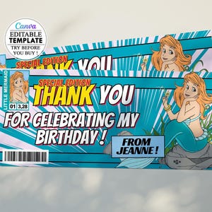 Carton anniversaire la Petite Sirène Comics invitation carte fête anniversaire d'enfants modifiable canva, téléchargement numérique filles