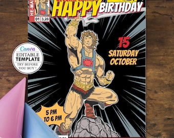 Tarjeta de cumpleaños de He-Man, invitación para fiesta de cumpleaños infantil, plantilla editable de Canva, descarga digital, fiesta de cumpleaños