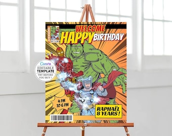 Avengers Birthday Welcome Sign, Editable Welcome Plaque Template, Printable Welcome Poster, Editable Canva Poster, birthday children