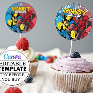 Deadpool & Wolverine Cupcake décoration modèle modifiable canva, Cupcake imprimable modifiable canva, anniversaire de Wolverine Deadpool