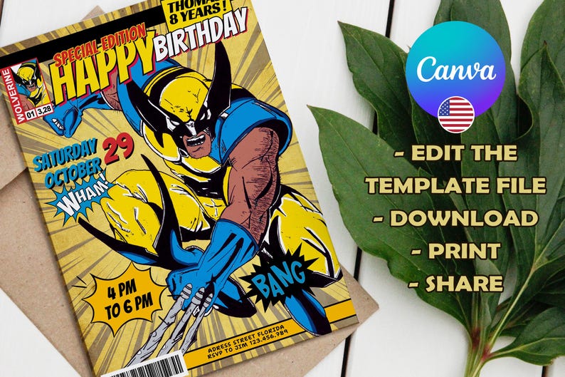 Wolverine Comics Birthday Card, Editable Canva Children's Birthday Card ...