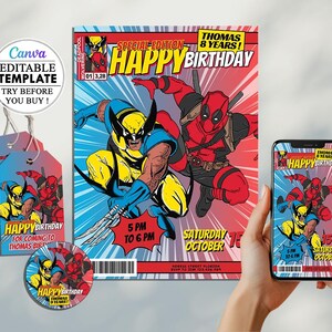 Modèle modifiable invitation anniversaire Deadpool Wolverine, carte invitation de super-héros téléchargement immédiat Canva Deadpool ASTS01