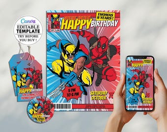 Editable Deadpool Wolverine Birthday Invitation Template, Superhero Invitation Card Instant Download Canva Deadpool party birthday ASTS01