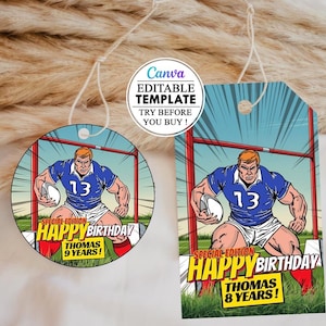 Modèle rond d'étiquette de faveur Rugby, étiquette ronde Rugby, étiquette carré Rugby, modifiable, téléchargement numérique instantané canva