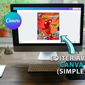 May include: A computer screen displaying a comic book cover design in Canva. The cover features a red and gold superhero character with the text "Bienvenue Joyeux Anniversaire" and "Raphael 8 Ans!" The text "EDITER AVEC CANVA (SIMPLE)" is written below the screen.