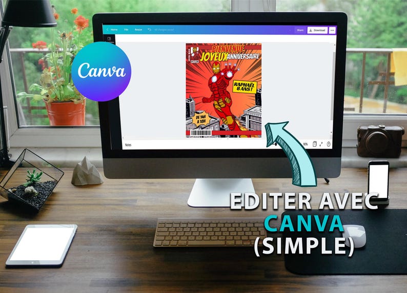 May include: A computer screen displaying a comic book cover design in Canva. The cover features a red and gold superhero character with the text "Bienvenue Joyeux Anniversaire" and "Raphael 8 Ans!" The text "EDITER AVEC CANVA (SIMPLE)" is written below the screen.