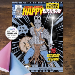 Plantilla de invitación de cumpleaños medieval editable para niño, tarjeta canva editable, descarga digital de cumpleaños de caballero