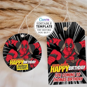 Editable Round Deadpool Favor Tag Template, Deadpool Round Tag, Deadpool Square Tag, Deadpool Digital Download, deadpool birthday kids
