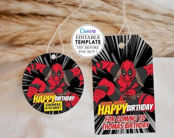 Modello modificabile di etichetta rotonda Deadpool, etichetta rotonda Deadpool, etichetta quadrata Deadpool, download digitale Deadpool