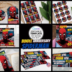 Pack Anniversaire Spiderman invitation carte fête d'anniversaire d'enfants modifiable canva, téléchargement numérique, fête anniversaire