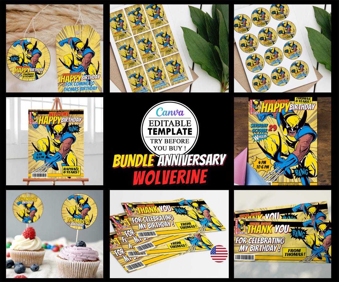 Wolverine Birthday Pack, Editable Kids Birthday Party Card Invitation ...