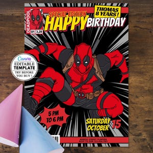 Tarjeta de cumpleaños de Deadpool, invitación de fiesta de cumpleaños infantil editable en lienzo, descarga digital de Deadpool para cumpleaños