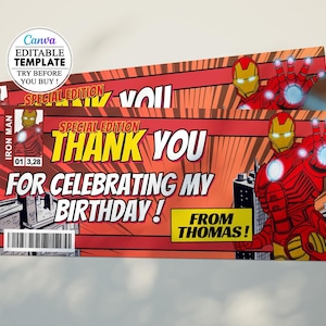 Editable Iron Man Thank You Card Template - Editable & Printable - Instant Digital Download - Multilingual Options, canva template birthday
