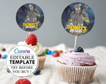 Cupcake Predator decoration template, editable Canva template, printable editable Canva cupcake, birthday building blocks, kids party