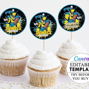 Wolverine Cupcake décoration modèle modifiable canva, Cupcake imprimable modifiable canva Wolverine, étiquette anniversaire enfant Wolverine