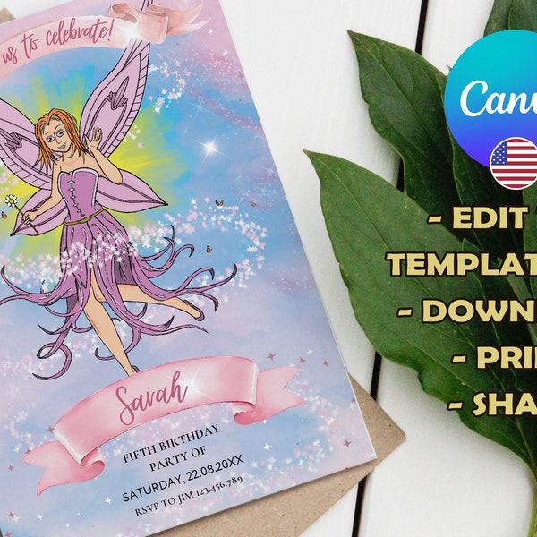 Carton d'anniversaire Fée, invitation carte fête d'anniversaire d'enfants, modifiable canva, téléchargement numérique, fête d'anniversaire