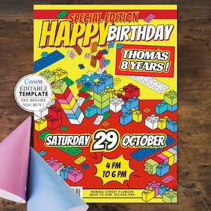 Carton anniversaire d'enfants blocs de construction, invitation carte fête d'anniversaire modifiable téléchargement numérique construction