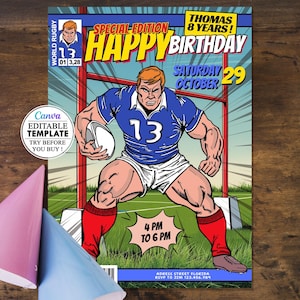 Carton anniversaire Rugby Sport, invitation carte anniversaire d'enfants modifiable canva, téléchargement numérique, fête anniversaire canva
