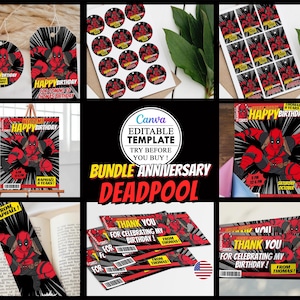 Pack Anniversaire Deadpool, invitation carte fête d'anniversaire d'enfants modifiable canva Deadpool, téléchargement numérique Deadpool