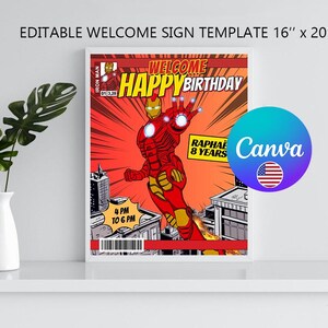 May include: Editable welcome sign template featuring a comic book style illustration of Iron Man in red and gold, flying through the air. The text "Welcome Happy Birthday" is in a bold, yellow font. The sign is 40.6 cm by 50.8 cm.