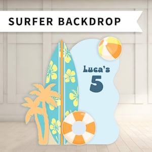 May include: A colorful surfer-themed backdrop with a surfboard, palm trees, and a light blue shape with the name "Luca's" and the number "5". Includes a beach ball and a life preserver. The text "SURFER BACKDROP" is displayed at the top.
