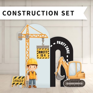 May include: Construction-themed party set featuring a crane, digger, and a cartoon construction worker. Includes signs reading "Rhett is 4" and "Danger". The backdrop is light blue and white, with the words "Party Zone" displayed.
