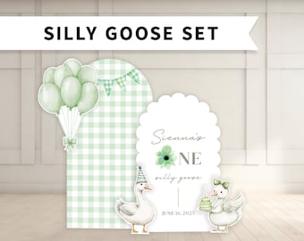 Silly Goose Birthday Backdrop Green with Cutouts: Foam Board with Stands