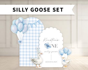 Silly Goose Birthday Backdrop Blue with Cutouts: Foam Board with Stands