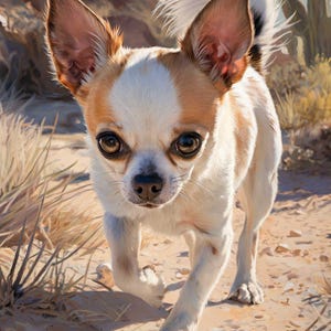 Chihuahua em ação Arte digital - Série de cães de caça, arte de parede para impressão para amantes de cães, retrato de animal de estimação, cena da natureza