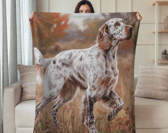 Velveteen Plush Blanket English Setter Hunting Scene, Cozy Throw for Dog Lovers, Cabin Decor, Wildlife Themed Bedding, Gift for Outdoorsy