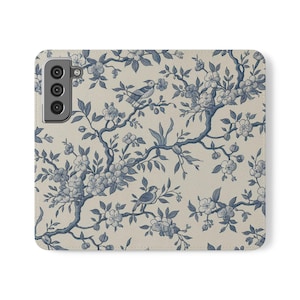 Étui à rabat à motif floral pour téléphones, étui portefeuille élégant, accessoire de voyage, cadeau pour elle, protection de téléphone, bleu et blanc