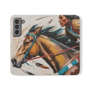 乗馬フリップフォンケース - 馬とネイティブアメリカンのアート、馬好きへのギフト、携帯電話ウォレットケース、ユニークな携帯電話アクセサリー、ウェスタン装飾