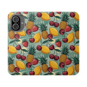 Tropical Fruits Flip Case, Sommer Vibes, Geschenk für Freunde, Ananas und Kirsche Design, Stilvolles Smartphone Zubehör