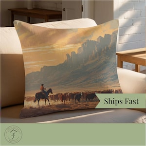 Modern Western Throw Pillow Scenic Cowboy Design for Rustic Ranch Style or Cowgirl Home Decor