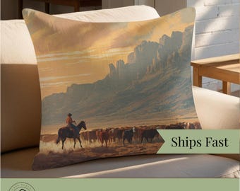 Cojín moderno estilo western con diseño escénico de vaquero para decoración rústica de rancho o vaquera.