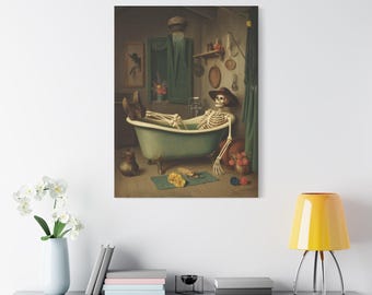 Canvas Wall Art, Skeleton Bathroom Decor, Halloween Gothic Print, Haunted House Spooky Art, Farmhouse Wall Decor, Moody Bathroom Art