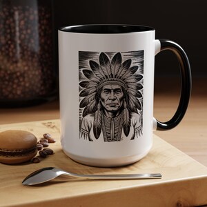 Black and White Native Chief Mug Western Coffee Cup Rustic Tribal Art Gift for Men Country Decor 11oz 15oz Dishwasher Microwave Safe