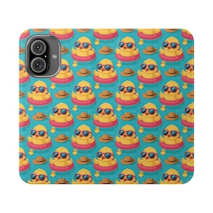 Capa flip divertida de verão com patinhos de borracha | Capa para celular, estilo carteira, presente fofo, acessório para festa na piscina, chapéu de cowboy com estampa de pato colorido
